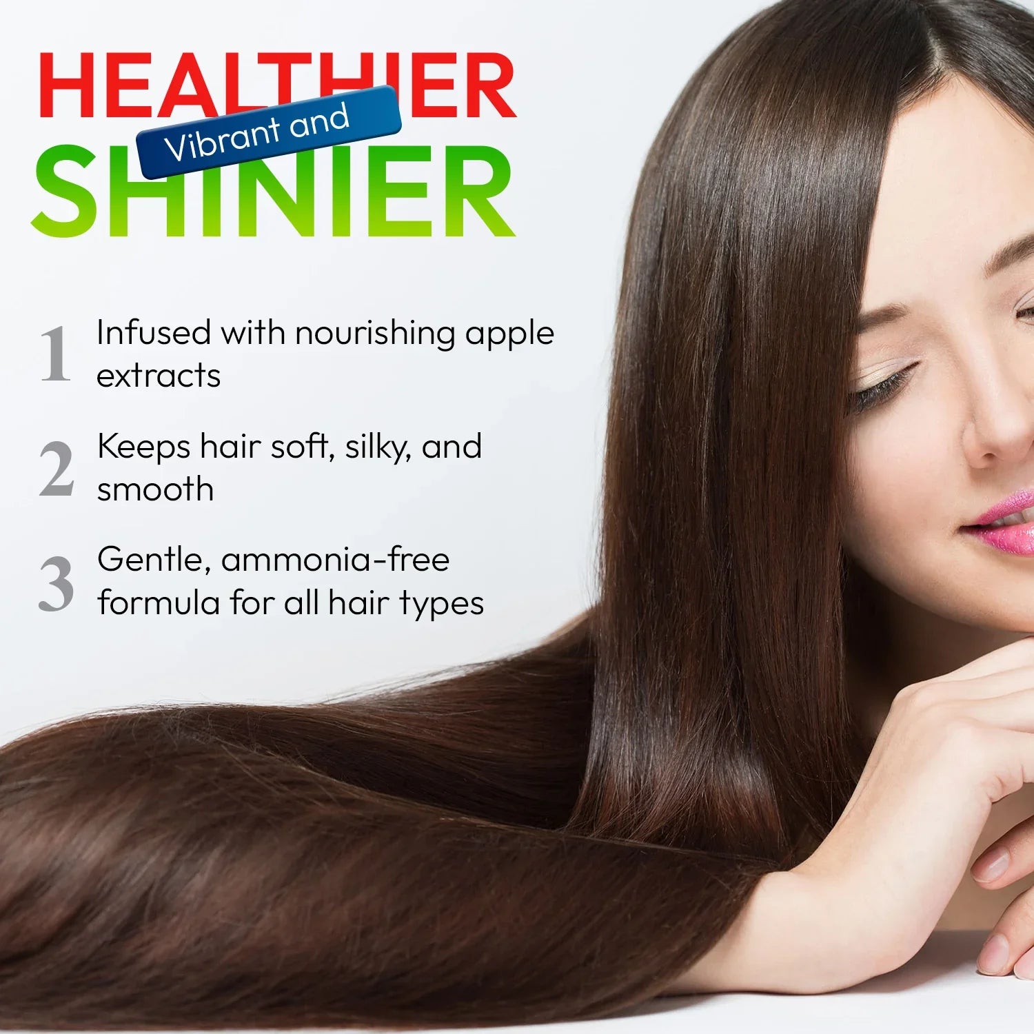 Woman with long, healthy hair with text about hair care product benefits.
