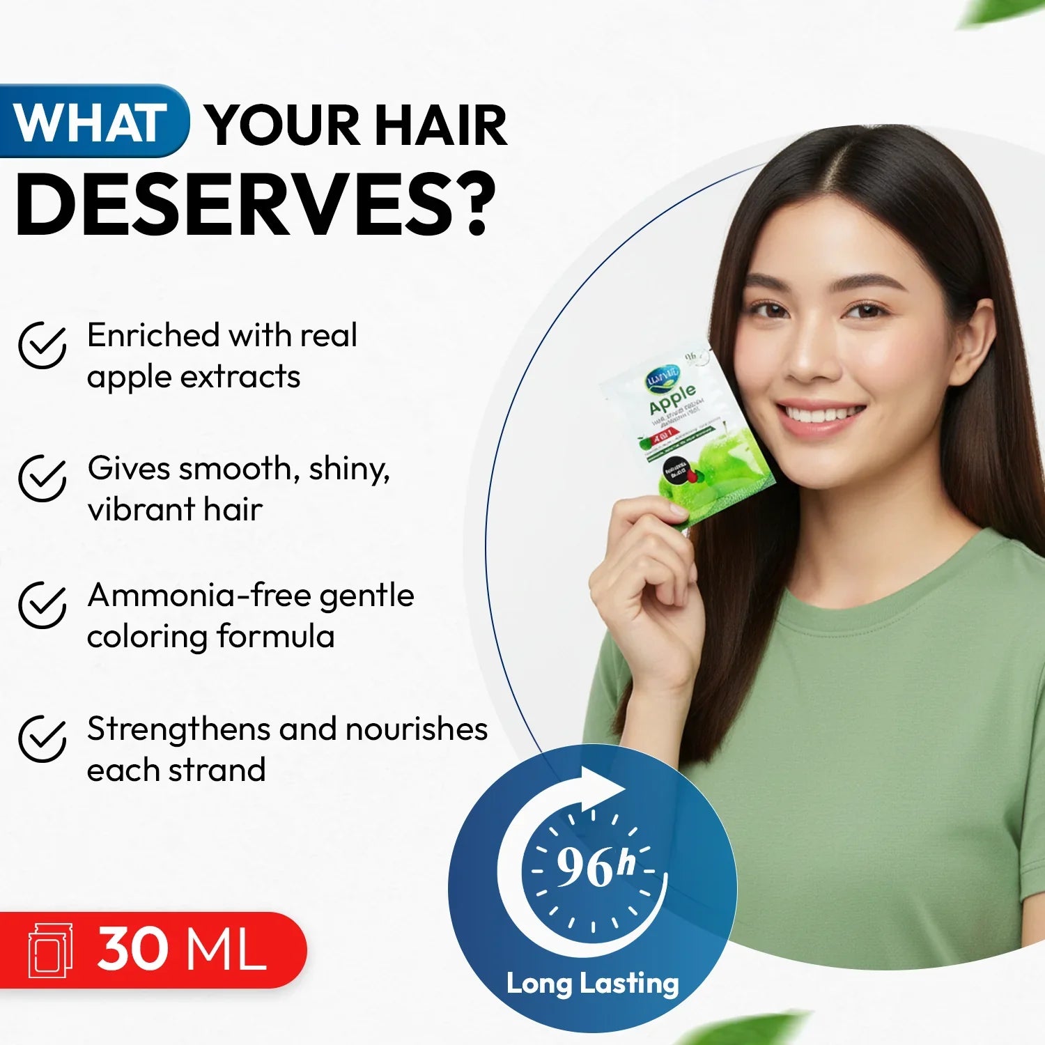 Woman holding a hair care product with text highlighting its benefits on a white background