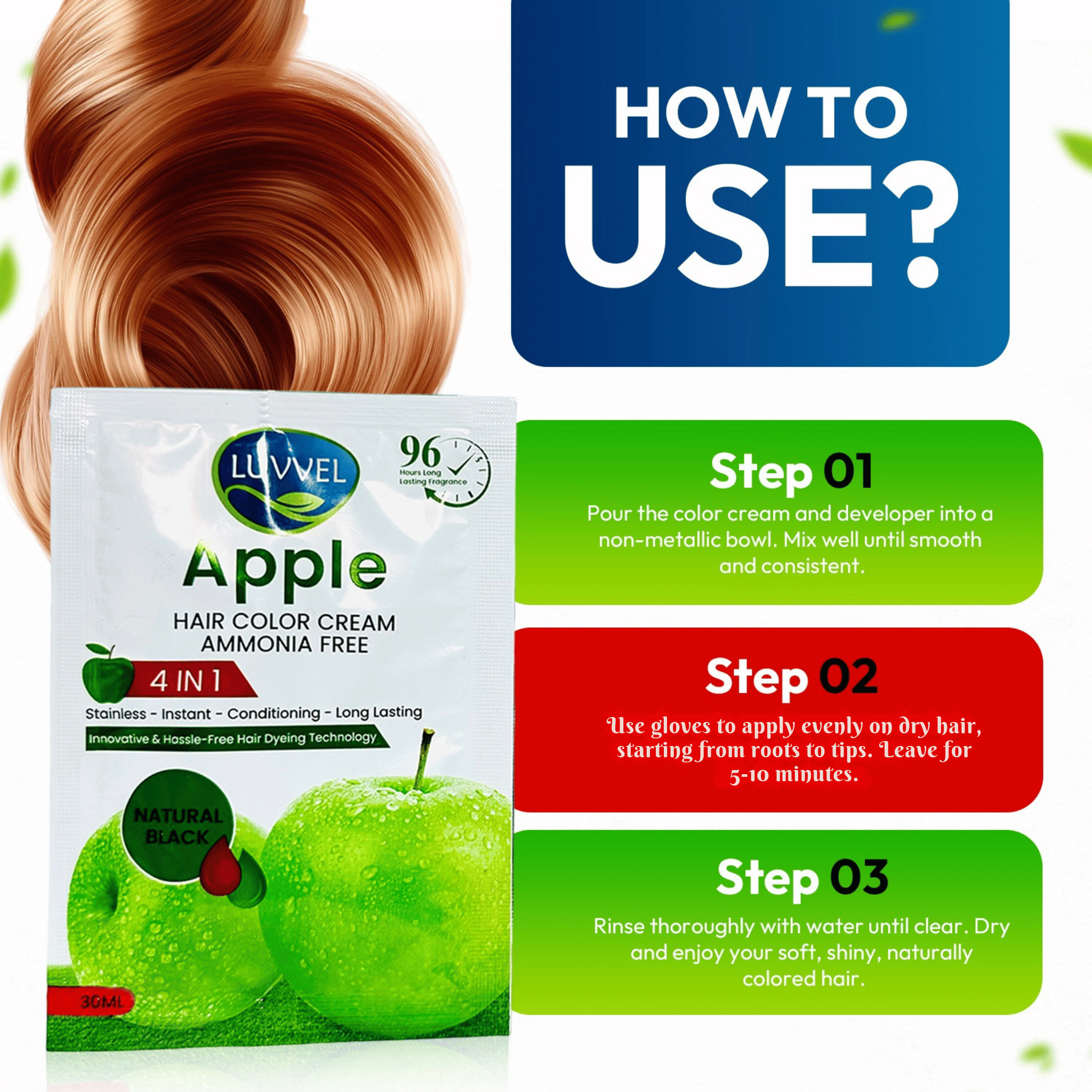 Luvvel Apple hair color cream packaging with usage instructions on a white background