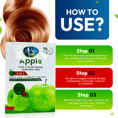 Luvvel Apple hair color cream packaging with usage instructions on a white background