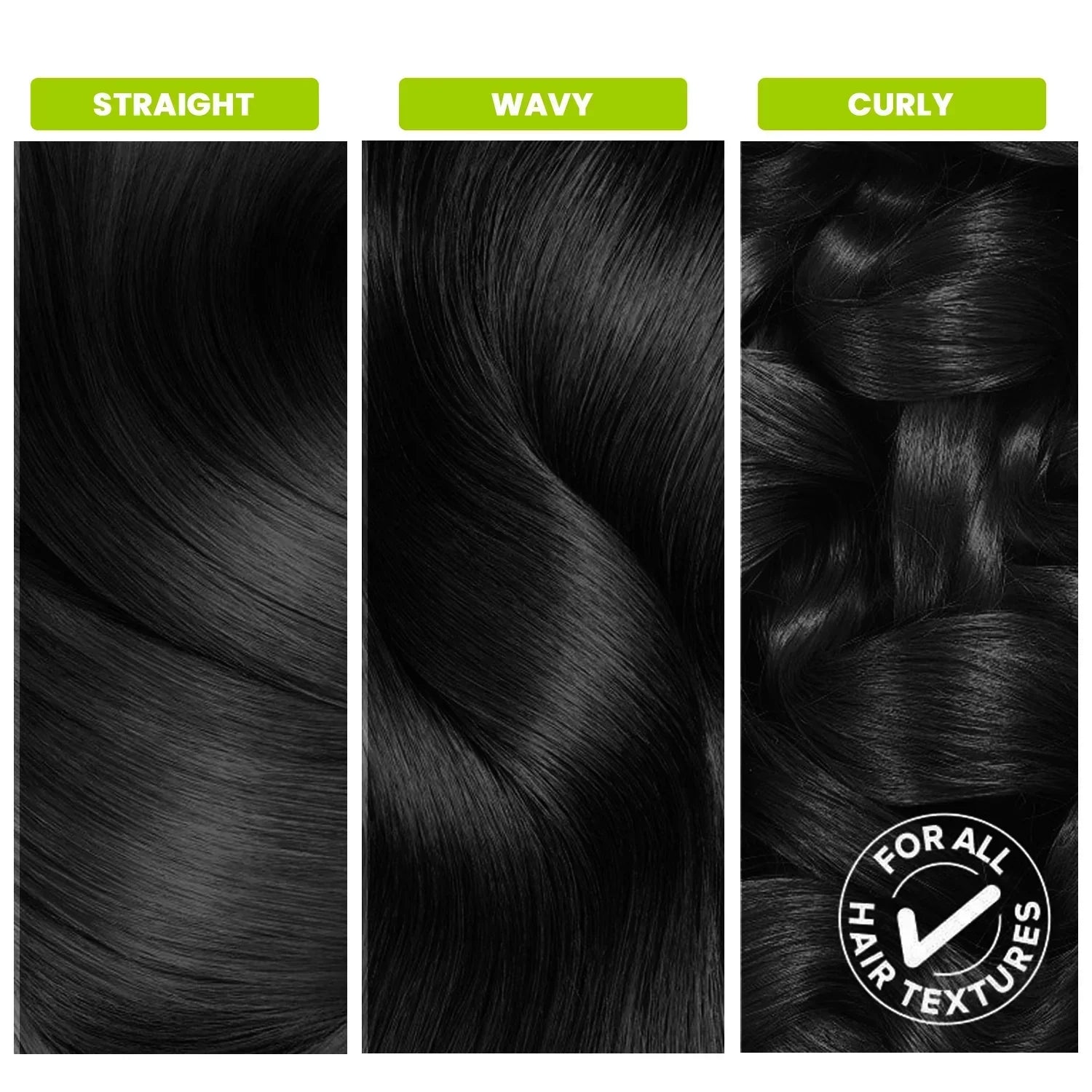Three black hair texture samples labeled straight, wavy, and curly with a 'for all hair textures' check mark