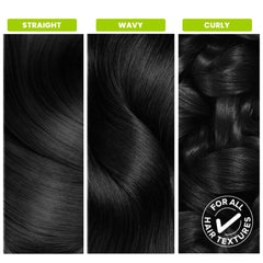 Three black hair texture samples labeled straight, wavy, and curly with a 'for all hair textures' check mark
