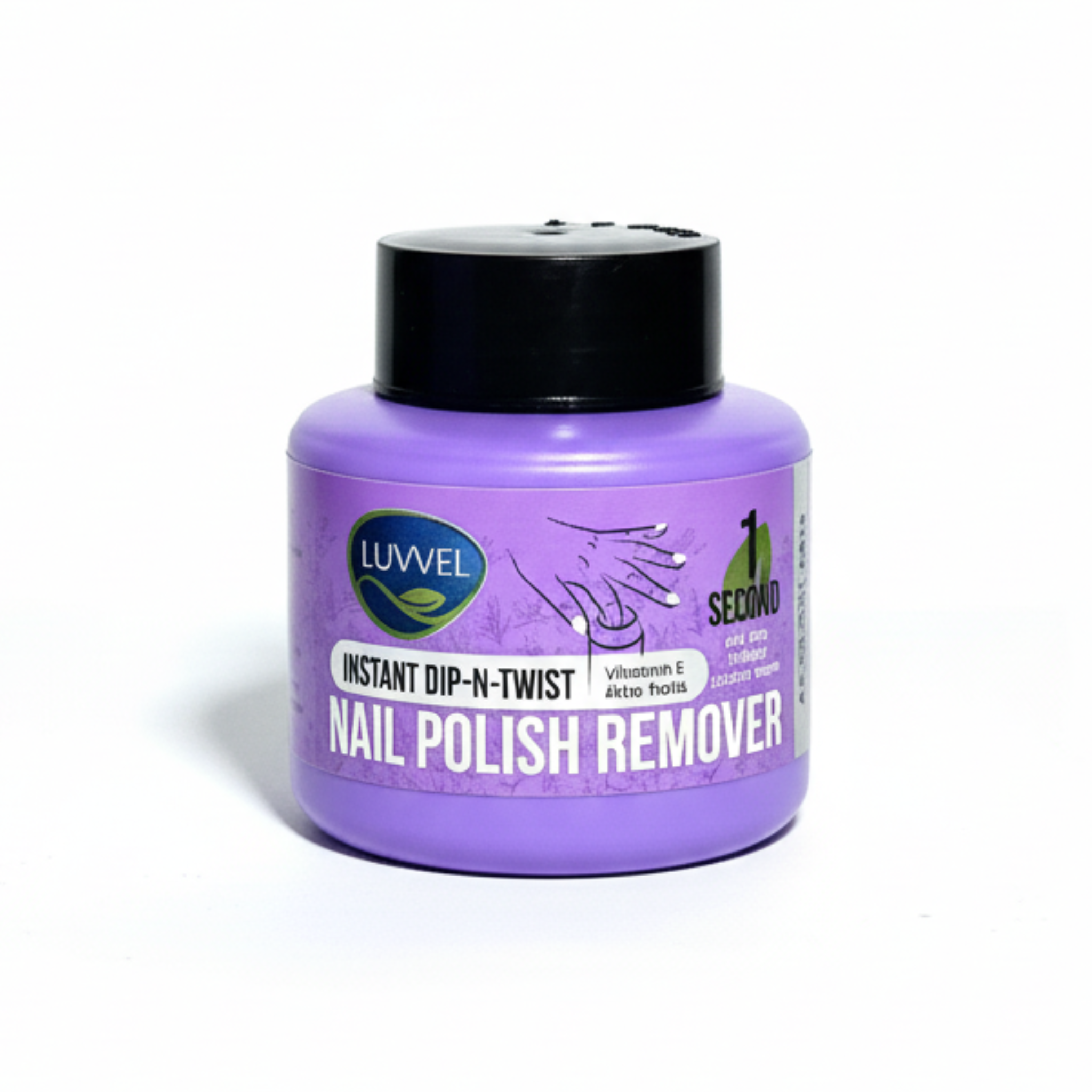 Purple bottle of Luvvel dip n twist nail polish remover on a white background