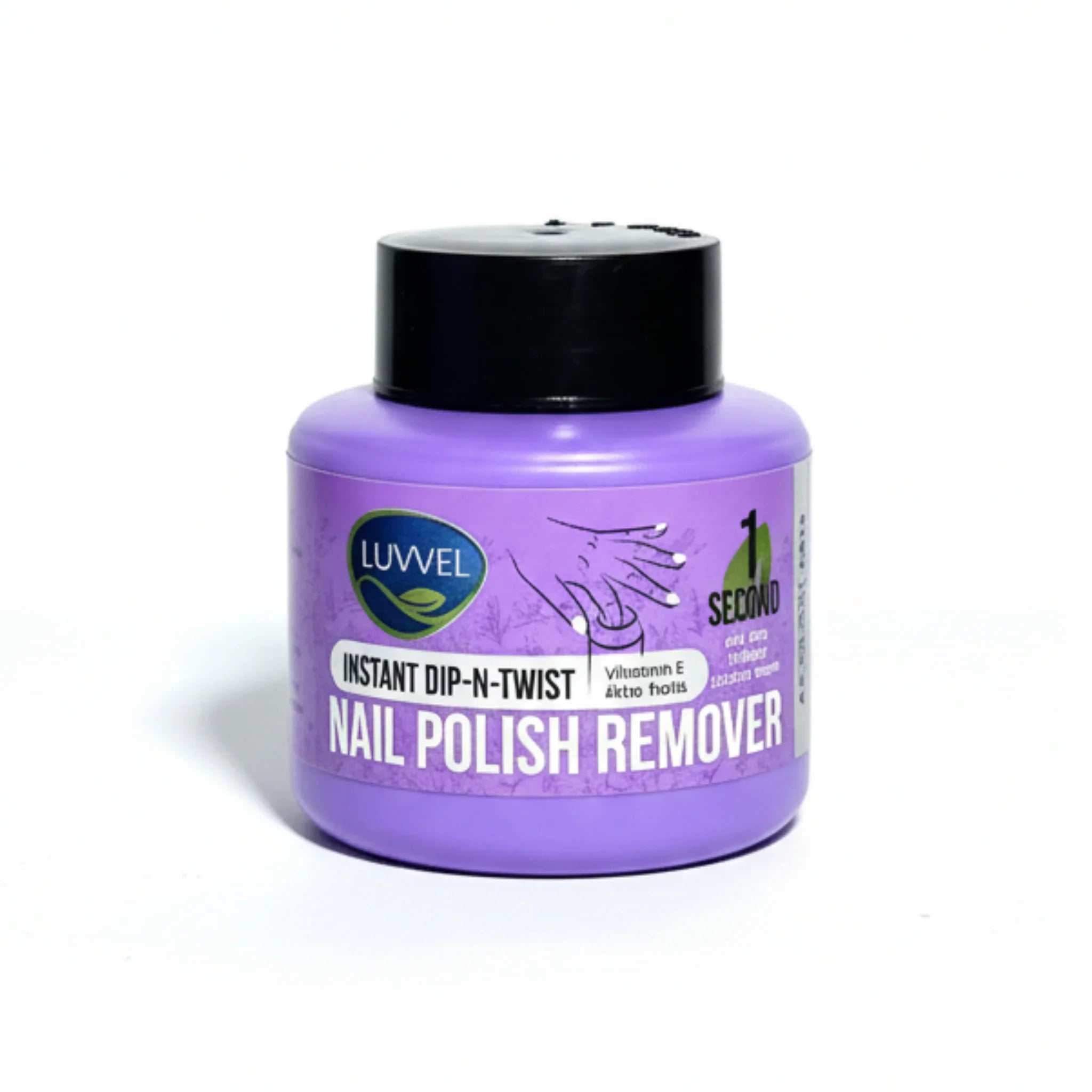 Purple bottle of Luvvel dip n twist nail polish remover on a white background