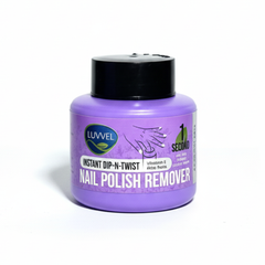 Purple bottle of Luvvel dip n twist nail polish remover on a white background