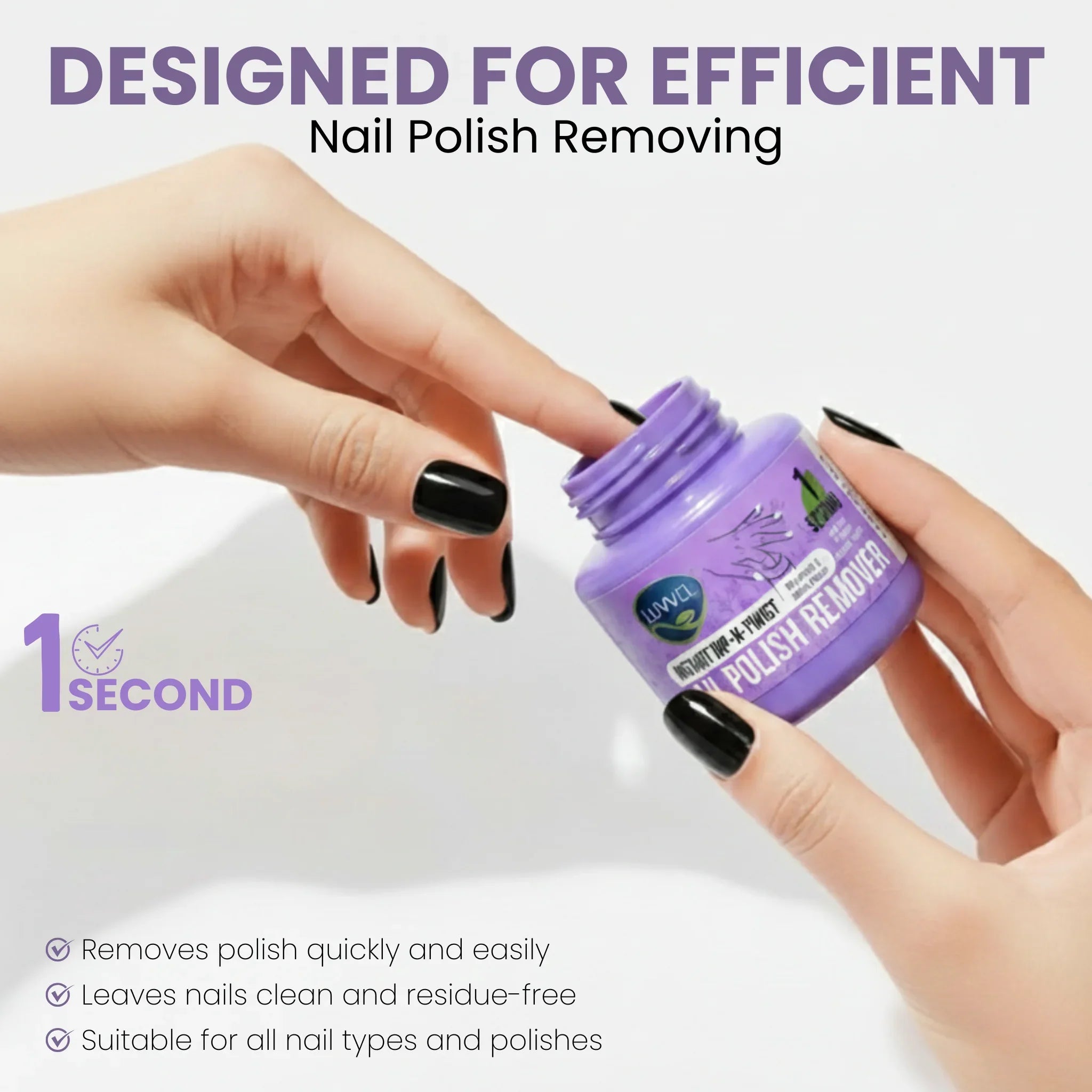 Purple nail polish remover bottle with text on a white background while using