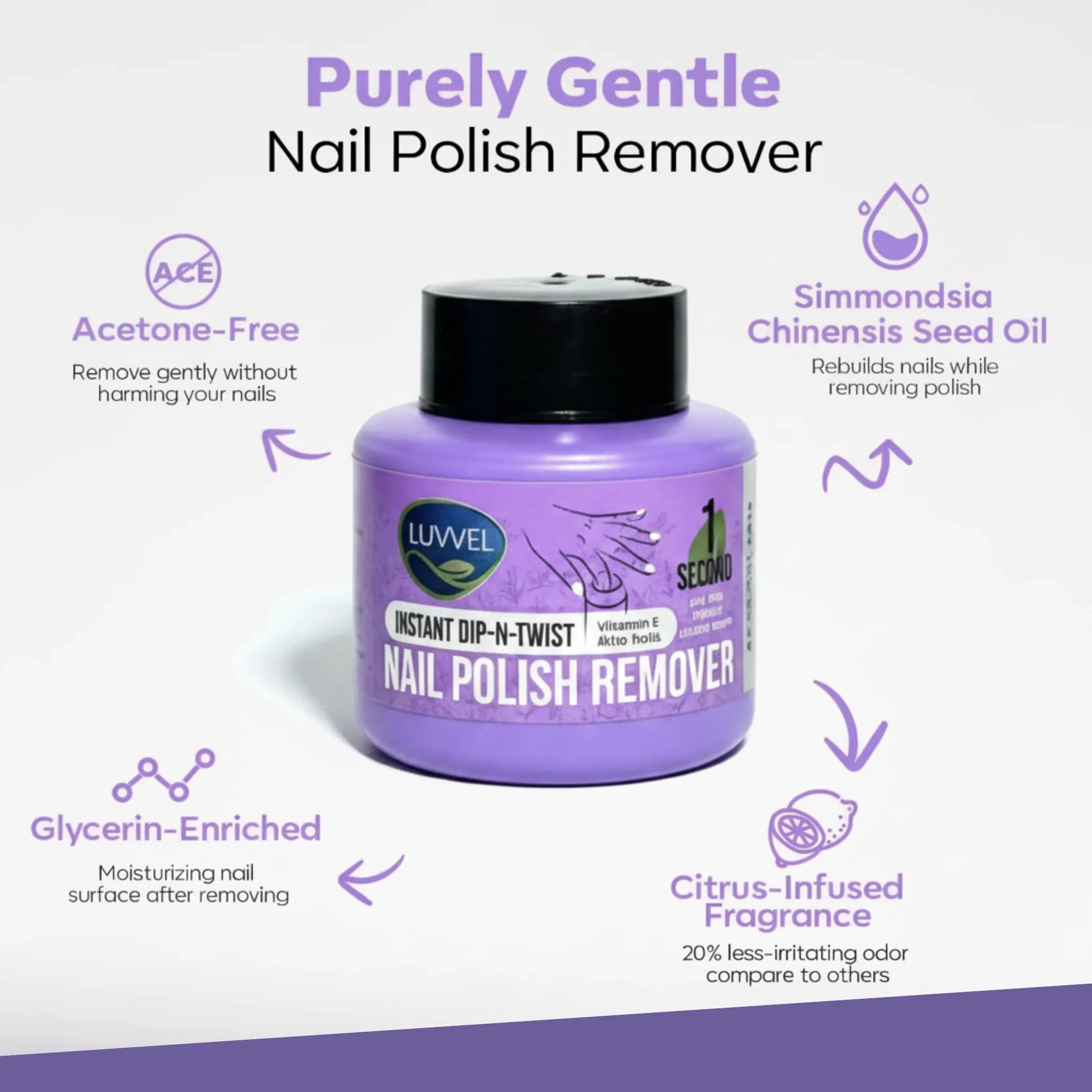Purple nail polish remover bottle with text highlighting features on a white background