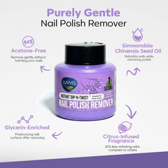 Purple nail polish remover bottle with text highlighting features on a white background