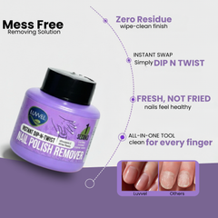 Purple nail polish remover jar with text highlighting features on a purple background