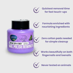 Purple nail polish remover jar with text highlighting its features on a light purple background