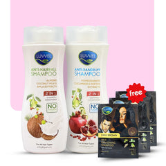 Luvvel Shampoo Bundle — Anti Hair-Fall & Anti-Dandruff + Free 3 Color Shampoo Sachets