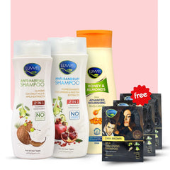 Luvvel Anti Hair-Fall + Anti-Dandruff + Lotion Bundle with Free Color Sachets
