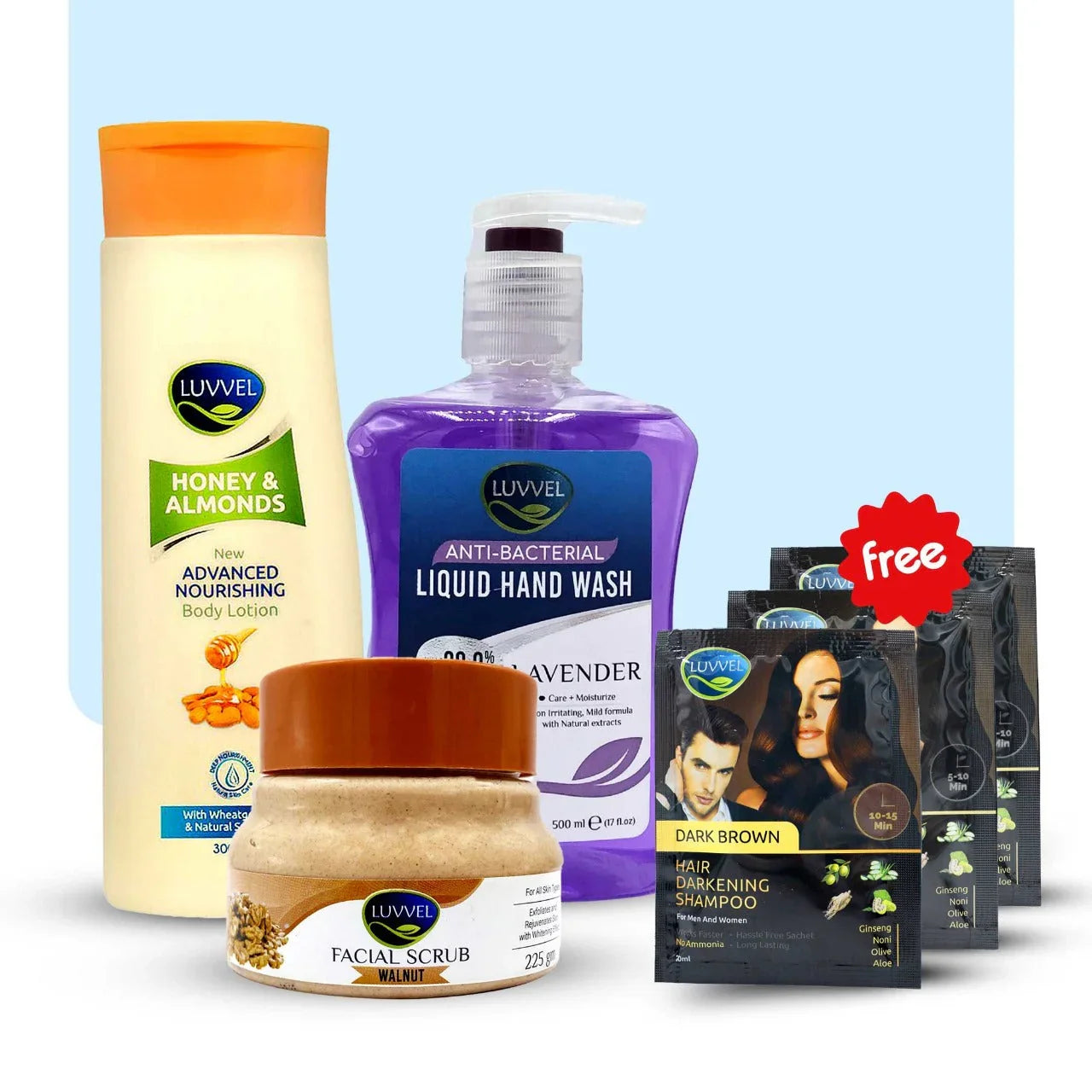 Luvvel Care Bundle — Lotion, Handwash & Scrub + Free 3 Color Shampoo Sachets - Luvvel