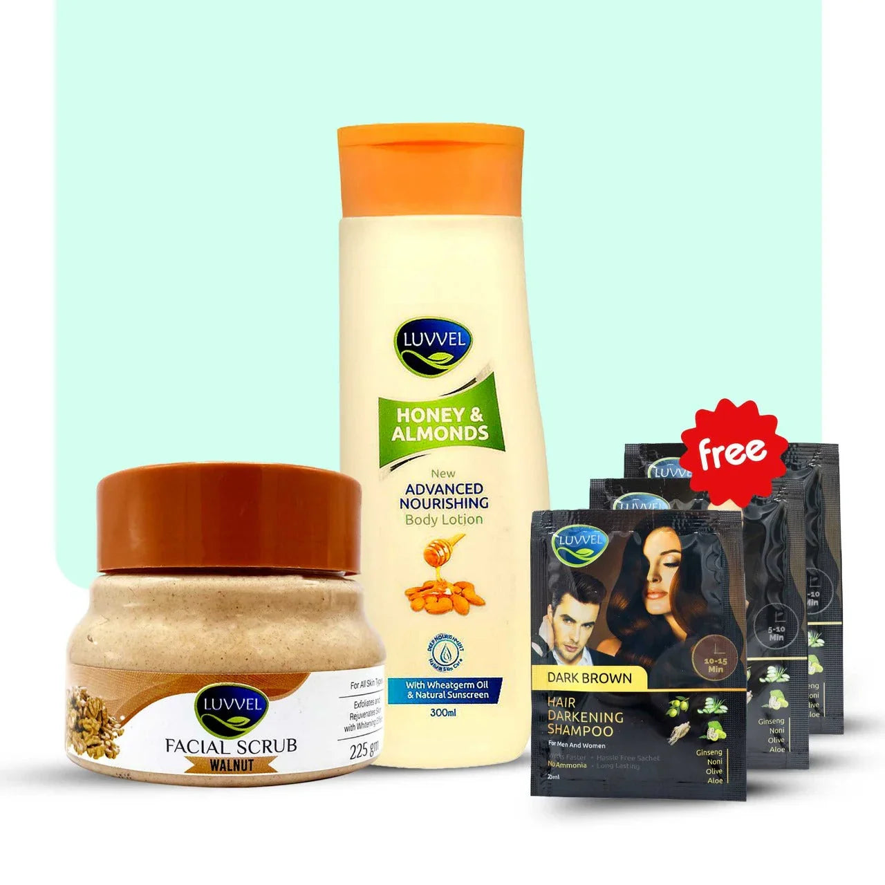 Luvvel Skincare Bundle — Scrub & Body Lotion + Free 3 Color Shampoo Sachets - Luvvel