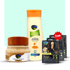 Luvvel Skincare Bundle — Scrub & Body Lotion + Free 3 Color Shampoo Sachets