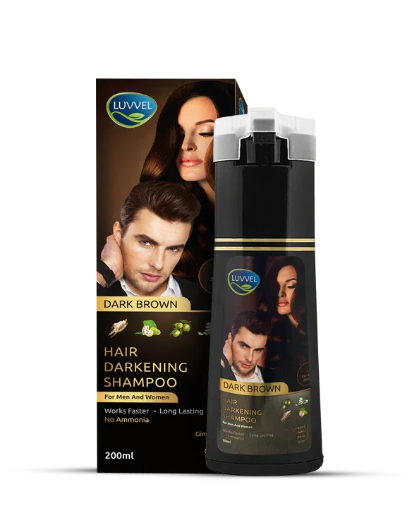 Luvvel Dark Brown hair darkening shampoo bottle and box for men and women, 200ml, with natural ingredients