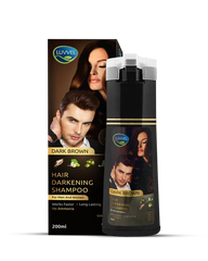 Luvvel Dark Brown hair darkening shampoo bottle and box for men and women, 200ml, with natural ingredients