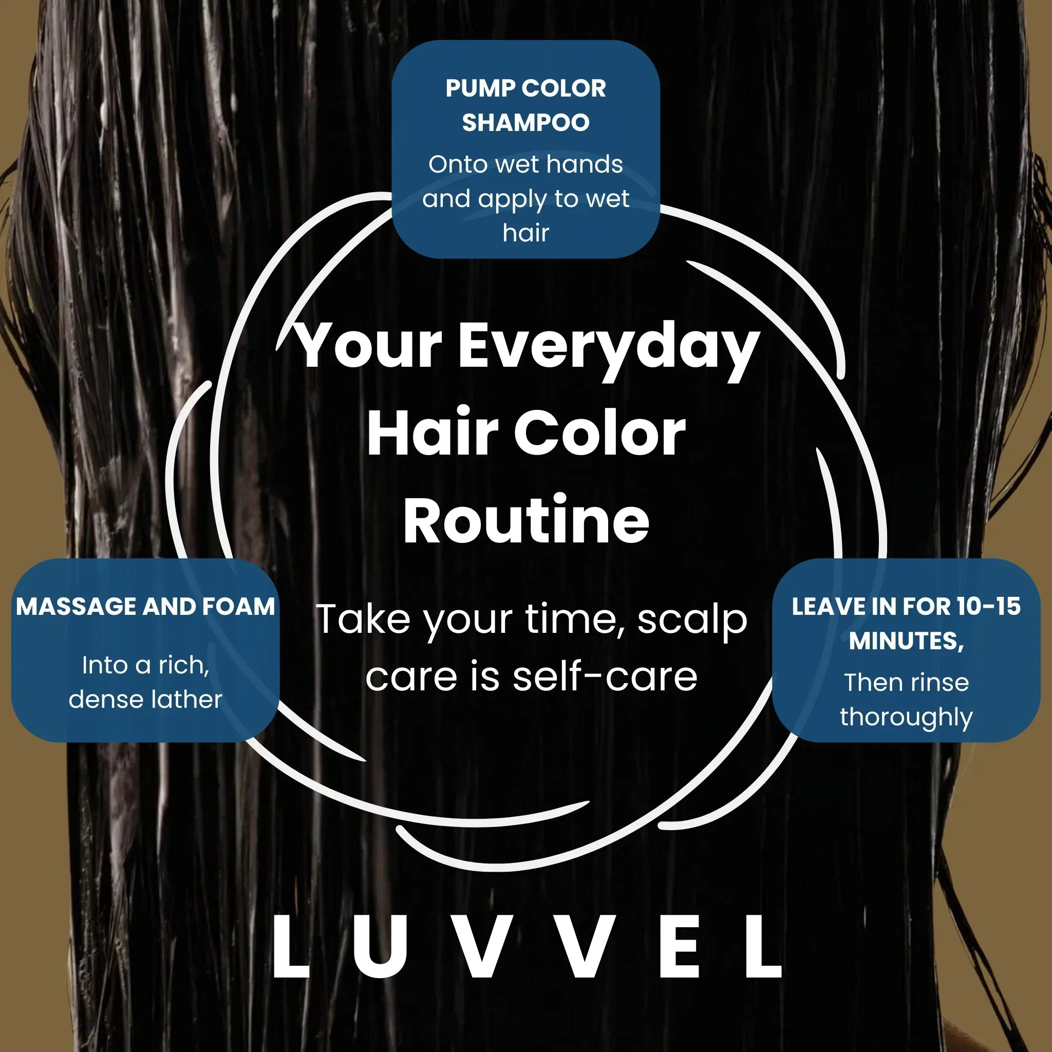 Close-up of wet black hair with instructions for daily hair color routine by Luvvel shampoo
