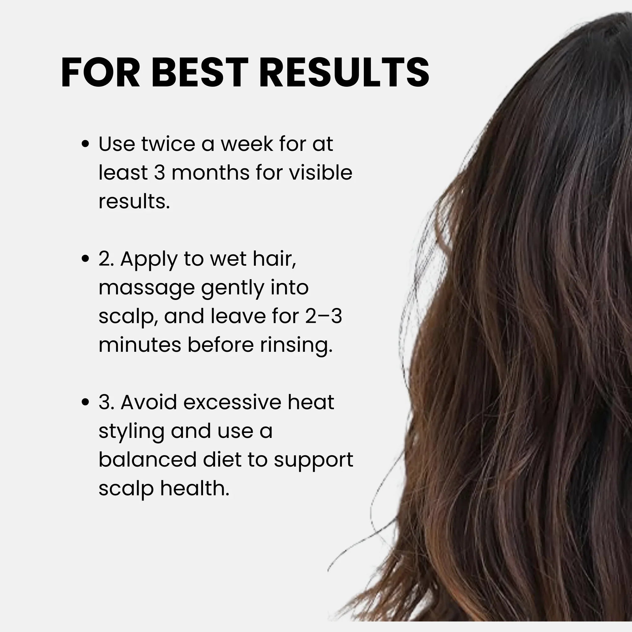 Text instructions for hair care product use with a close-up of wet hair on a white background.