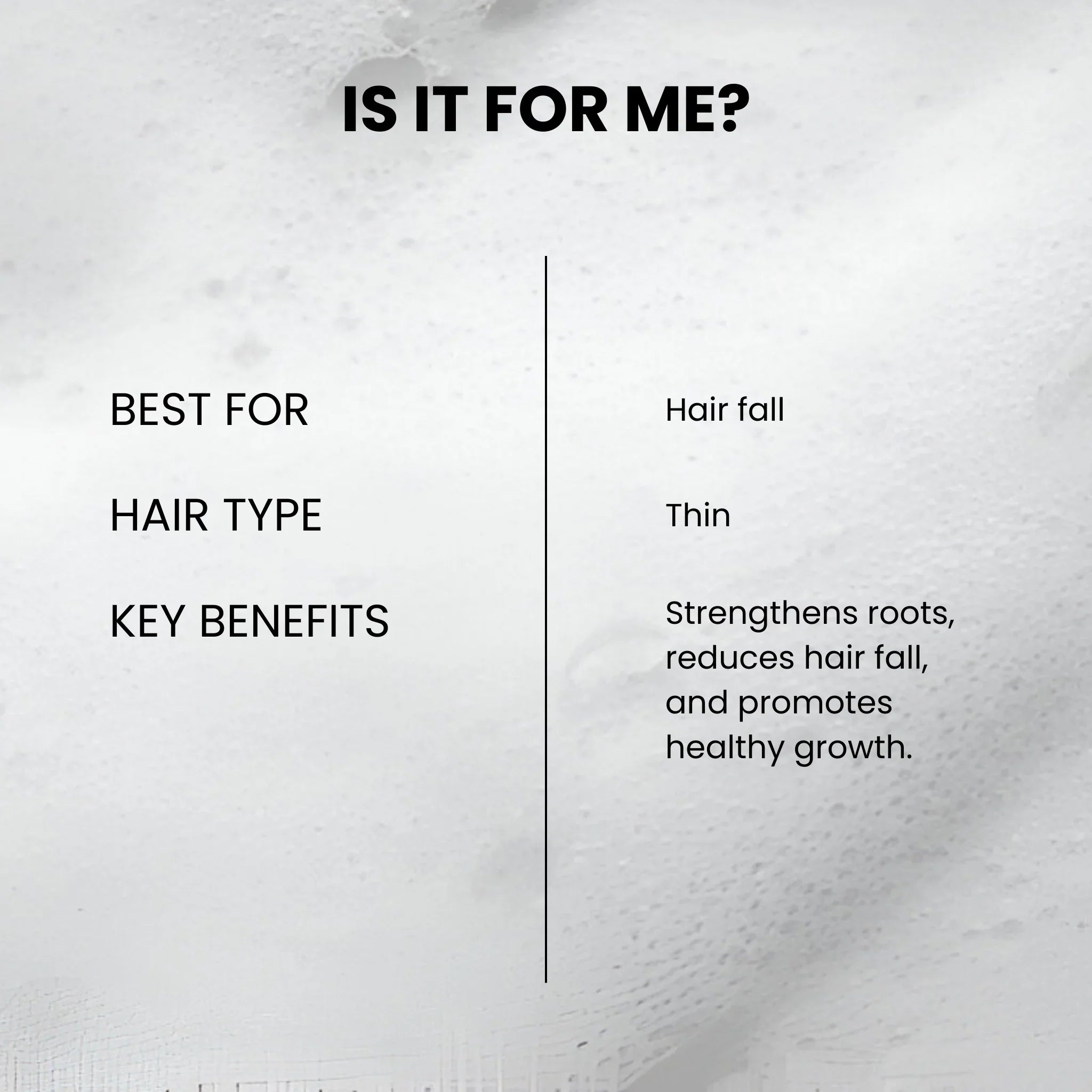 Product information card for hair care solution on a textured gray background