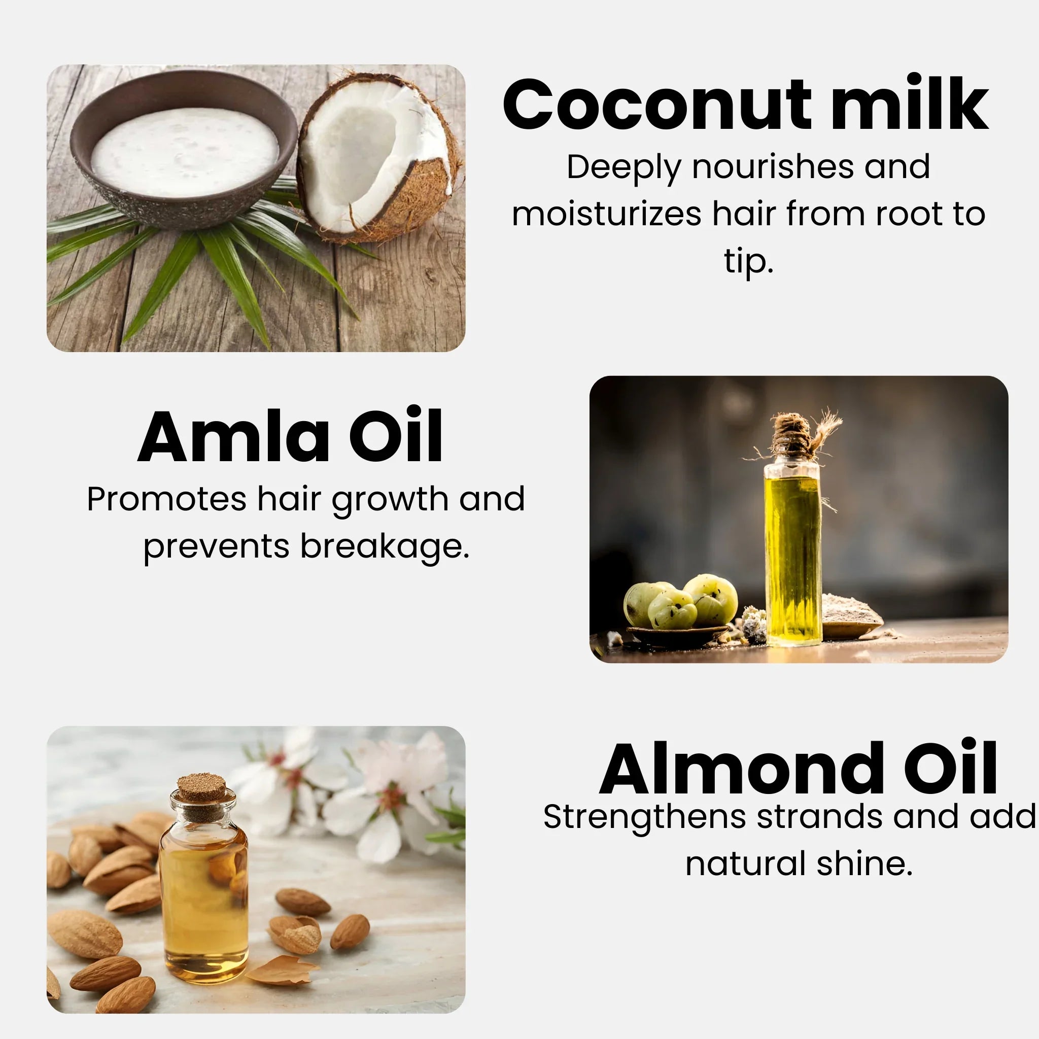 Promotional graphic featuring coconut milk, amla oil, and almond oil with text on their hair benefits.