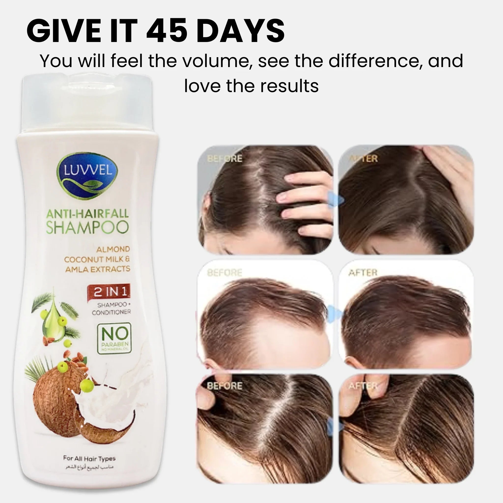 LUVUEL anti-hairfall shampoo bottle with before and after hair volume images on a white background.