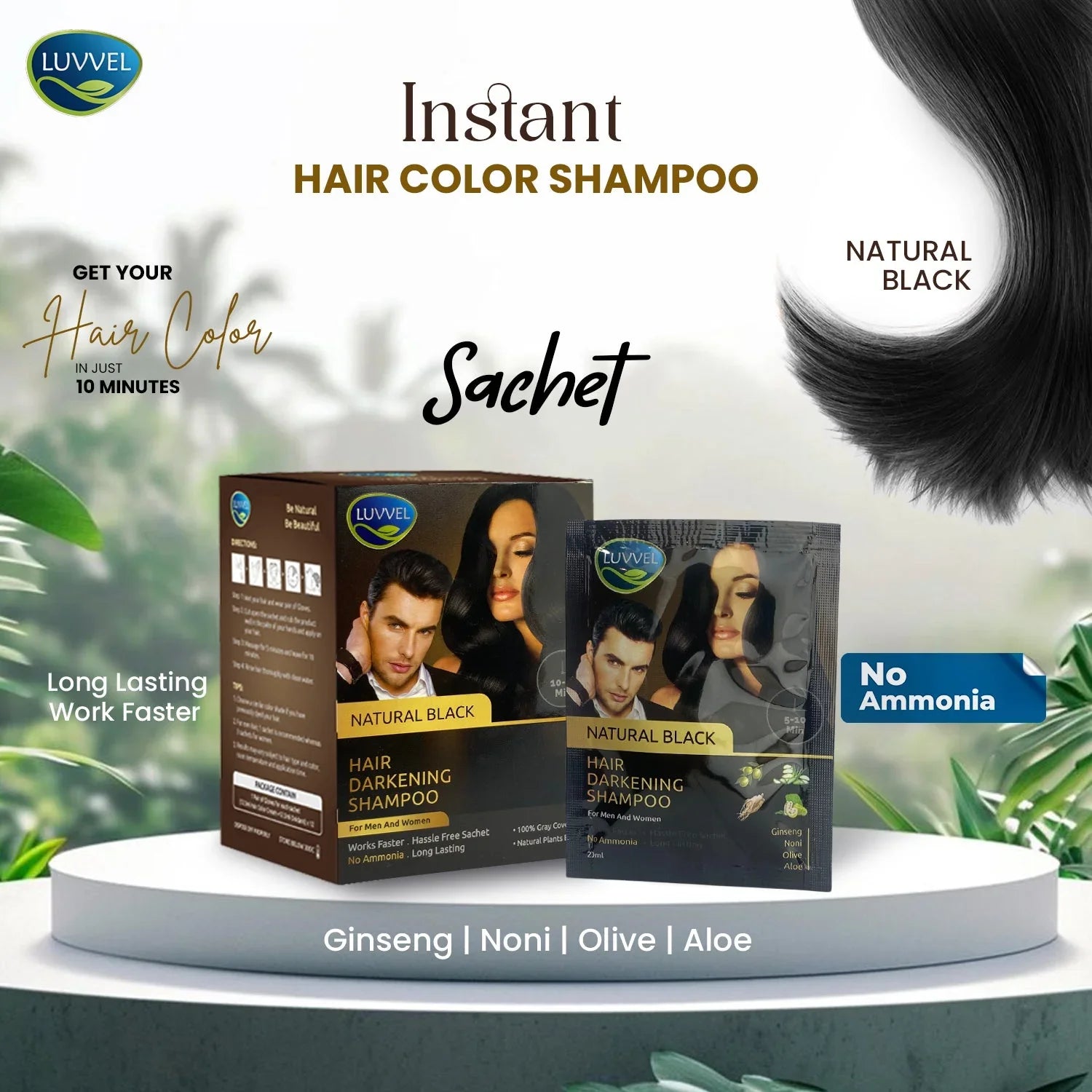 Luvvel Instant Hair Color Shampoo packaging with product details on a white background