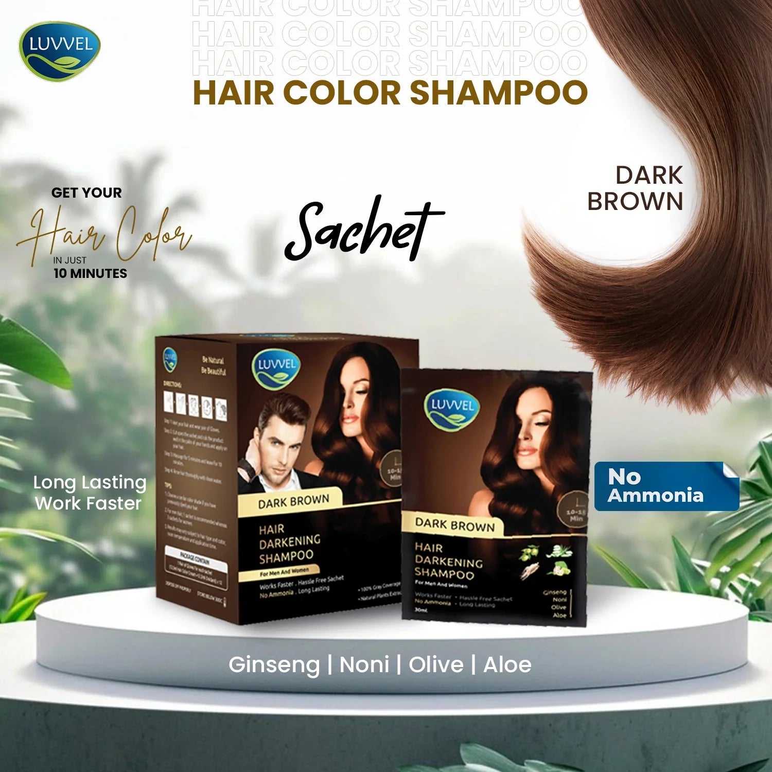 Luvvel Dark Brown Hair Color Shampoo sachets on a white platform with greenery in the background