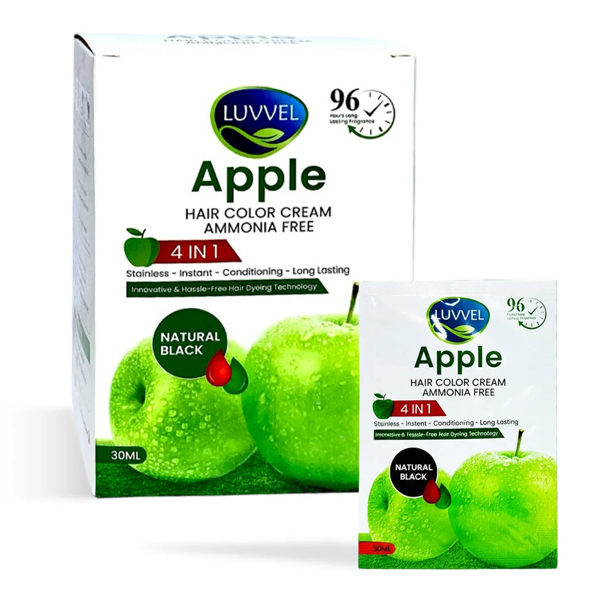 LUVVEL Apple Hair Color Cream Sachets - 30ml - Natural Black - For Men & Women