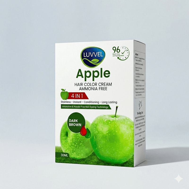 Luvvel Apple hair color cream packaging with green apples on a gray background