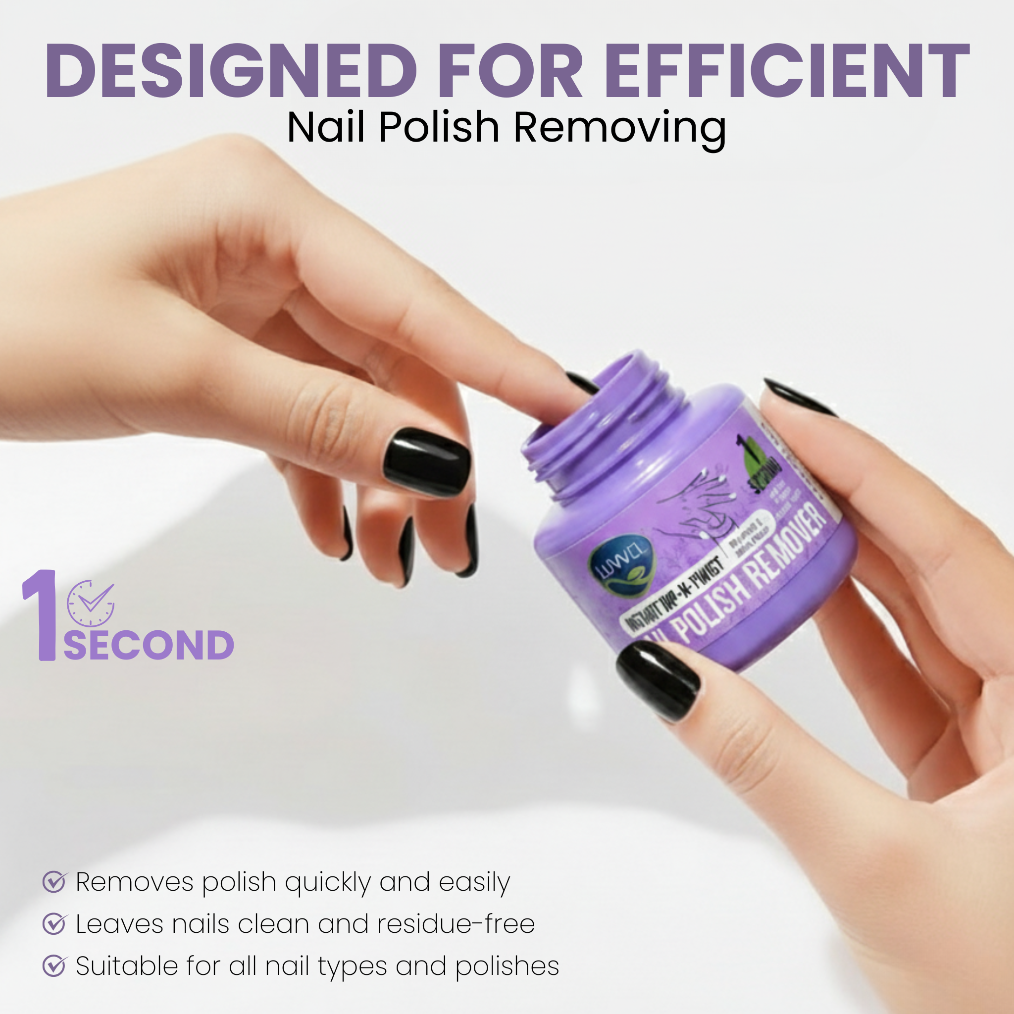 Purple nail polish remover bottle with text on a white background while using 