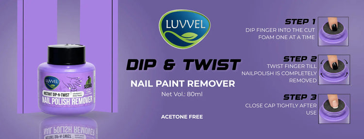 Luvvel nail paint remover with step-by-step instructions on a purple background
