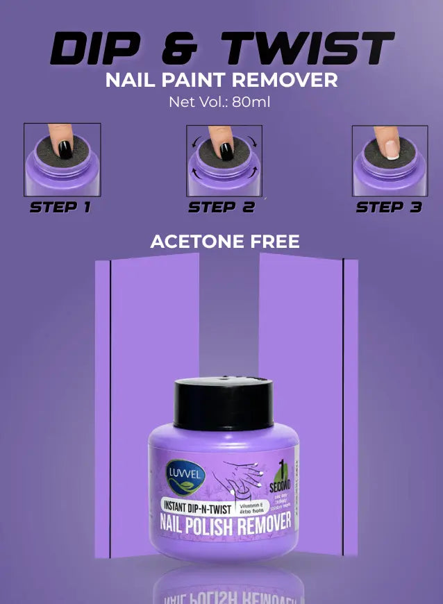 Luvvel Dip & Twist nail paint remover with step-by-step instructions on a purple background