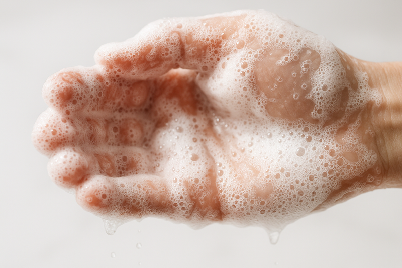 a cloos shoot soapsuds with a hand of washing   
